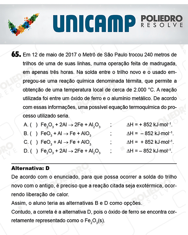 Questão 65 - 1ª Fase - PROVA Q - UNICAMP 2018