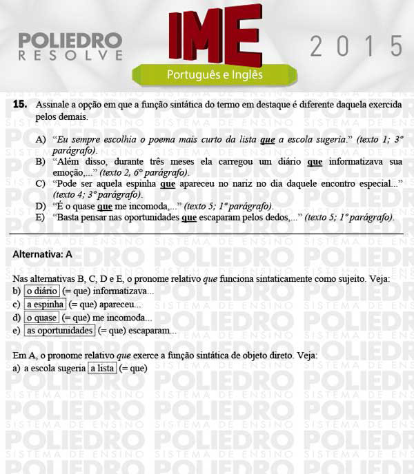 Questão 15 - Português e Inglês - IME 2015