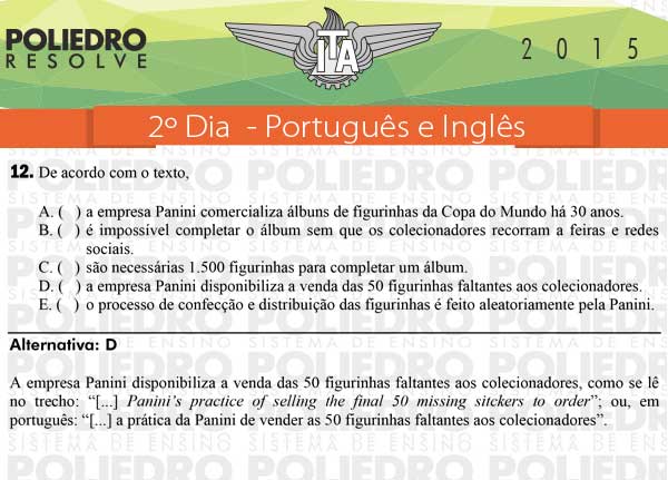 Questão 12 - Português e Inglês - ITA 2015