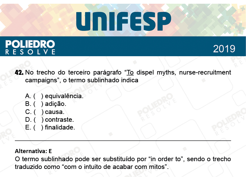 Questão 42 - Fase única - 1º Dia - UNIFESP 2019