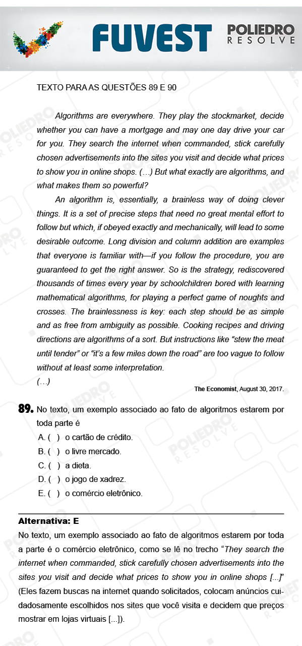 Questão 89 - 1ª Fase - PROVA V - FUVEST 2018