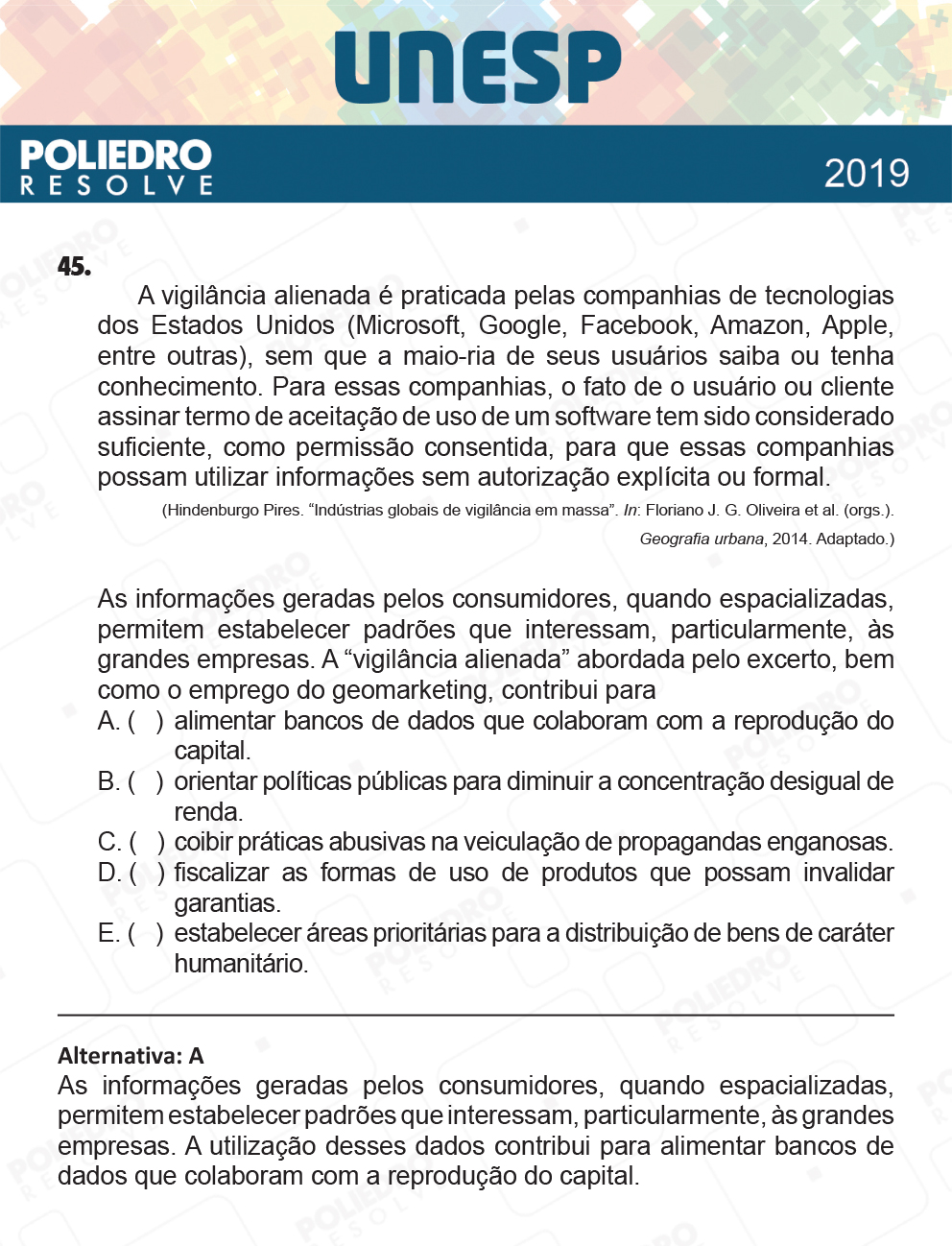 Questão 45 - 1ª Fase - UNESP 2019