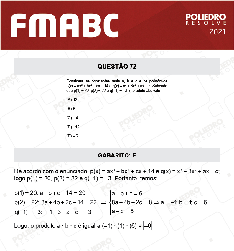 Questão 72 - Fase única - FMABC 2021