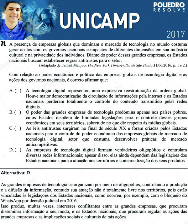 Questão 71 - 1ª Fase - UNICAMP 2017