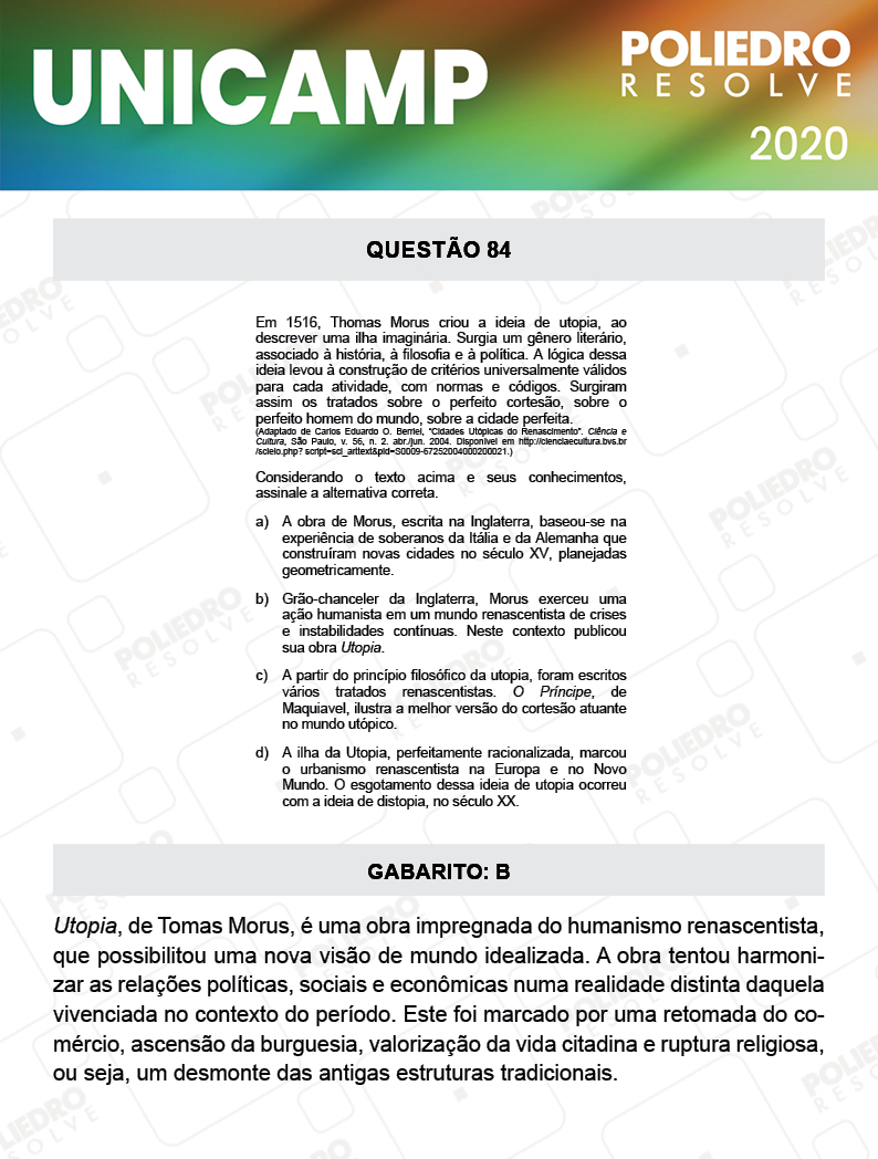 Questão 84 - 1ª Fase - Prova Q e X - UNICAMP 2020