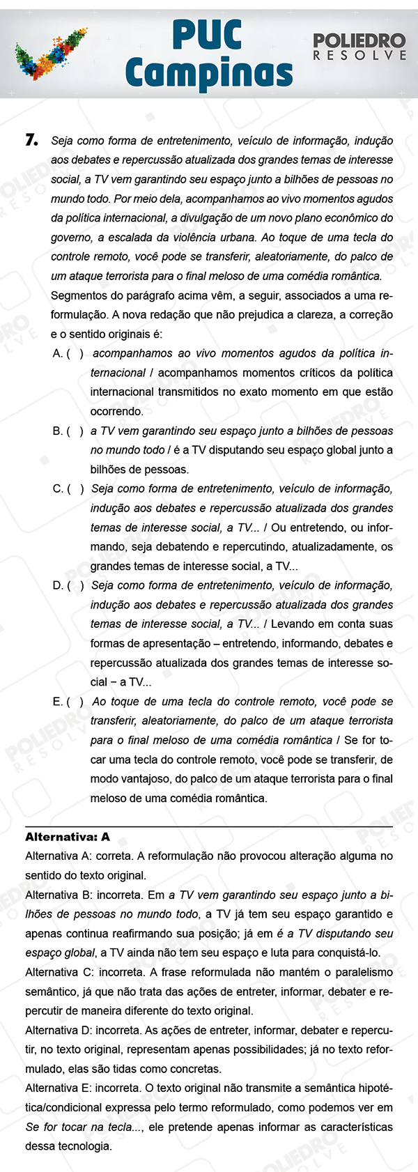 Questão 7 - 1ª Fase - Prova Verde - PUC-Campinas 2018