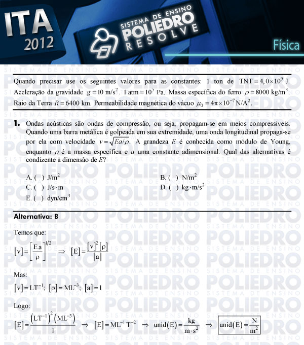 Questão 1 - Física - ITA 2012