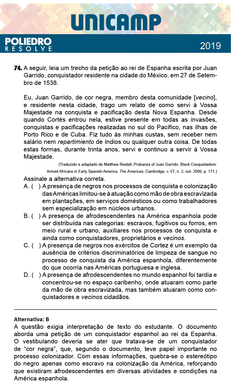 Questão 74 - 1ª Fase - PROVA Q e X - UNICAMP 2019