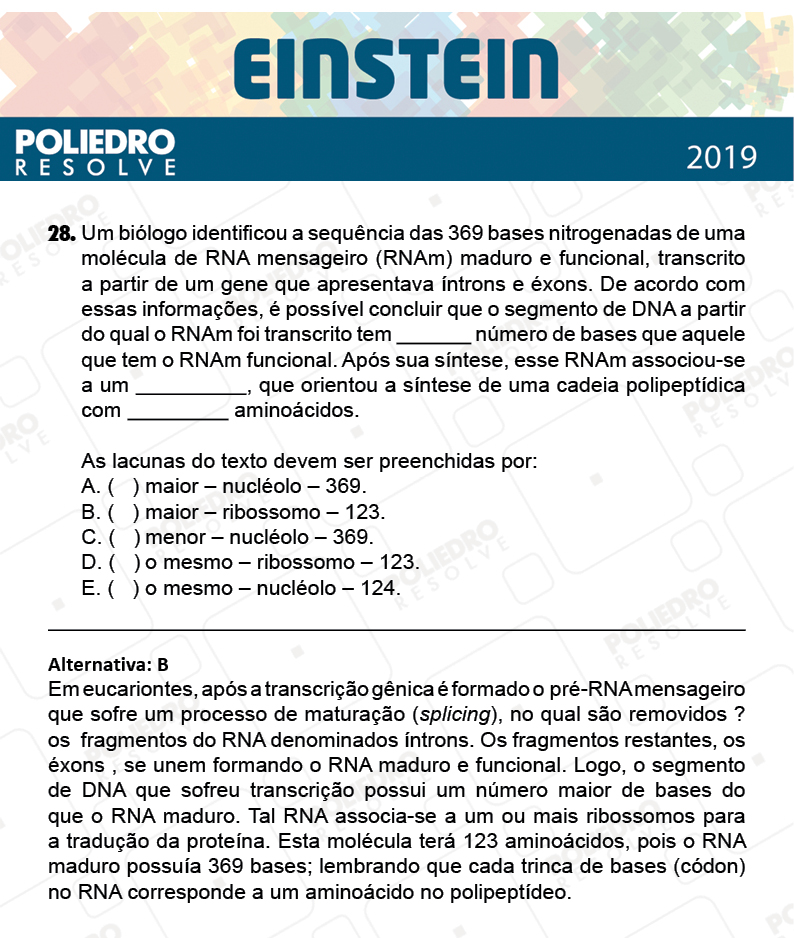 Questão 28 - Fase única - EINSTEIN 2019