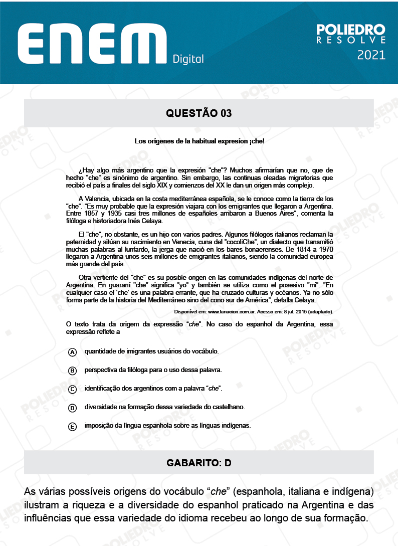 Questão 3 - 1º Dia - Prova Branca - Espanhol - ENEM DIGITAL 2020