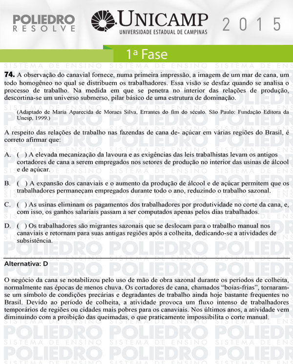 Questão 74 - 1ª Fase - UNICAMP 2015