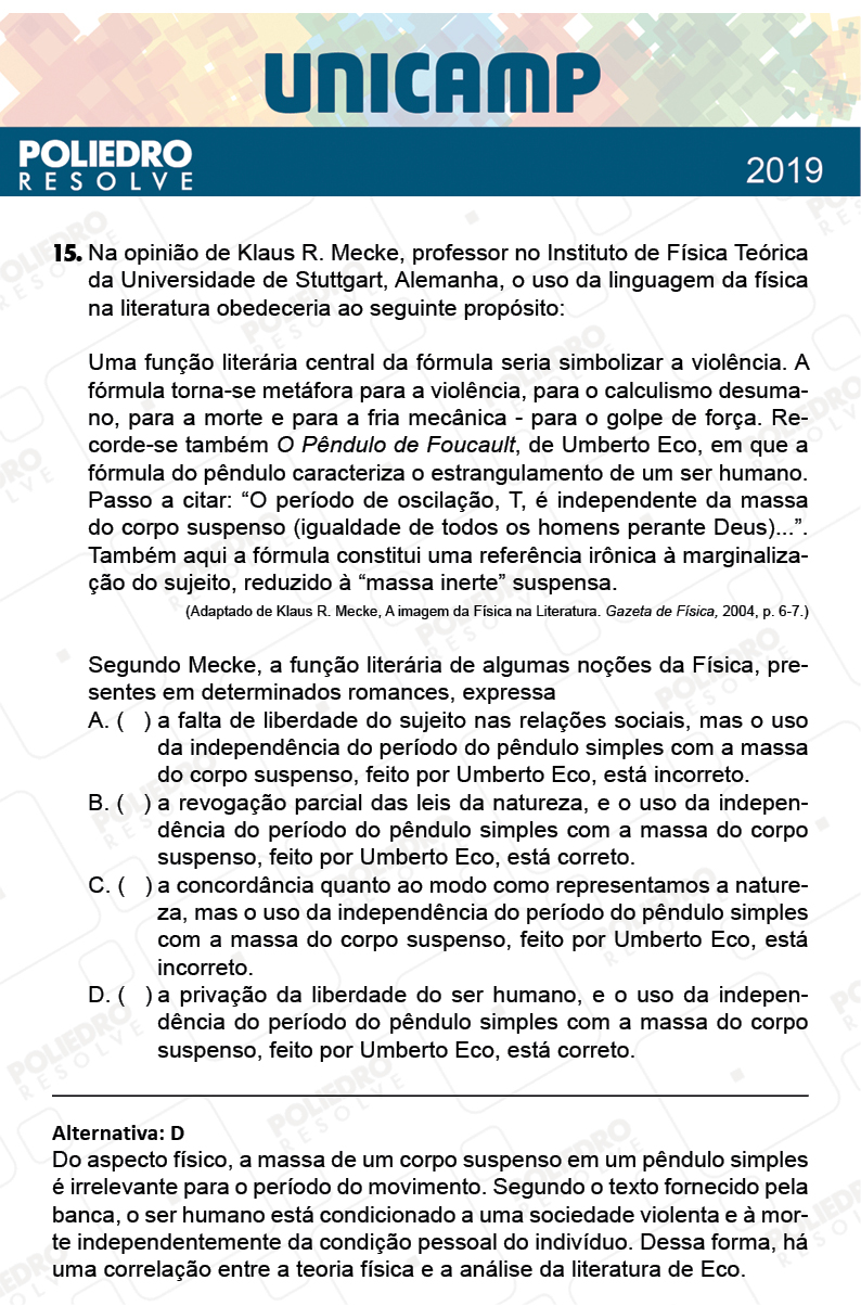 Questão 15 - 1ª Fase - PROVA Q e X - UNICAMP 2019