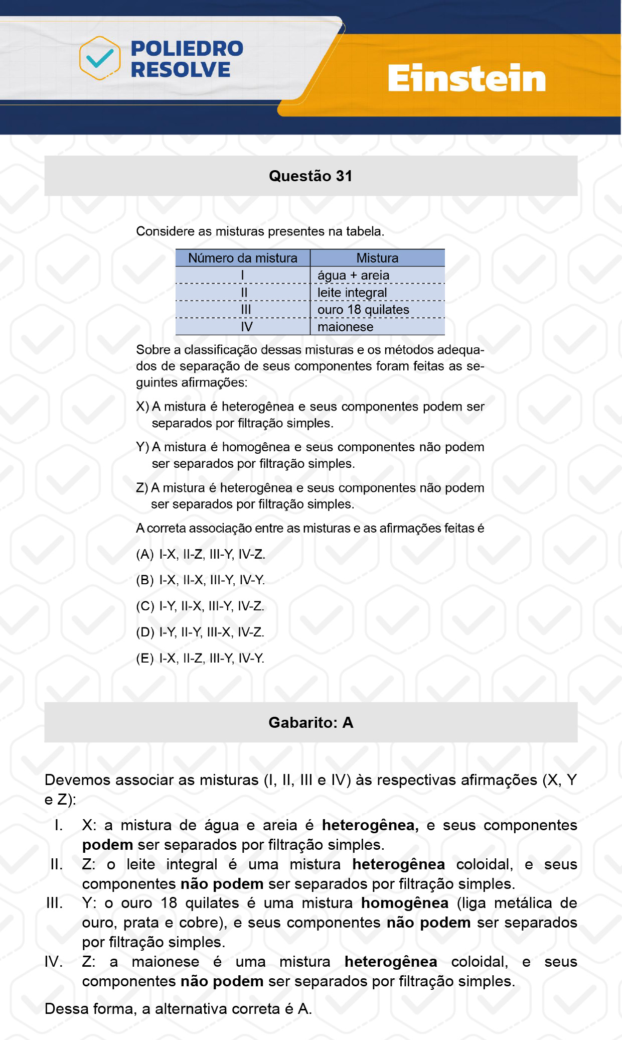 Questão 31 - Fase única - EINSTEIN 2024