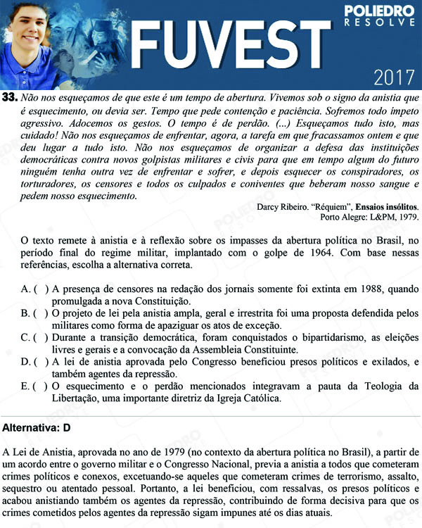 Questão 33 - 1ª Fase - FUVEST 2017