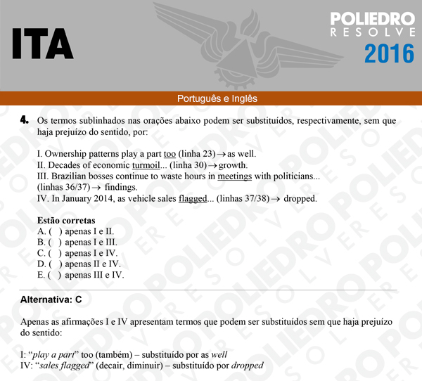 Questão 4 - Português e Inglês - ITA 2016