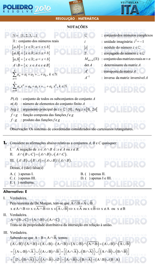 Questão 1 - Matemática - ITA 2010