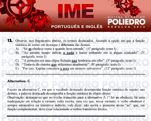 Questão 13 - Português e Inglês - IME 2013