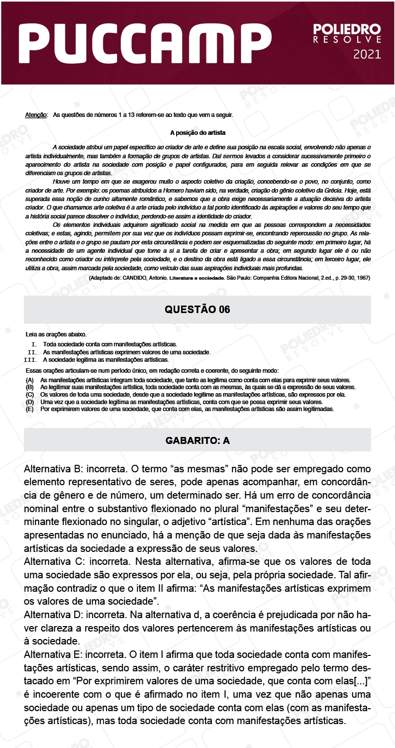 Questão 6 - Demais Cursos - PUC-Campinas 2021