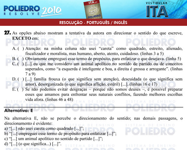 Questão 27 - Português e Inglês - ITA 2010