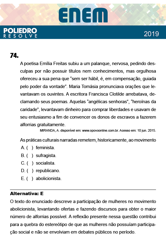 Questão 74 - 1º Dia - Prova BRANCA - ENEM 2018