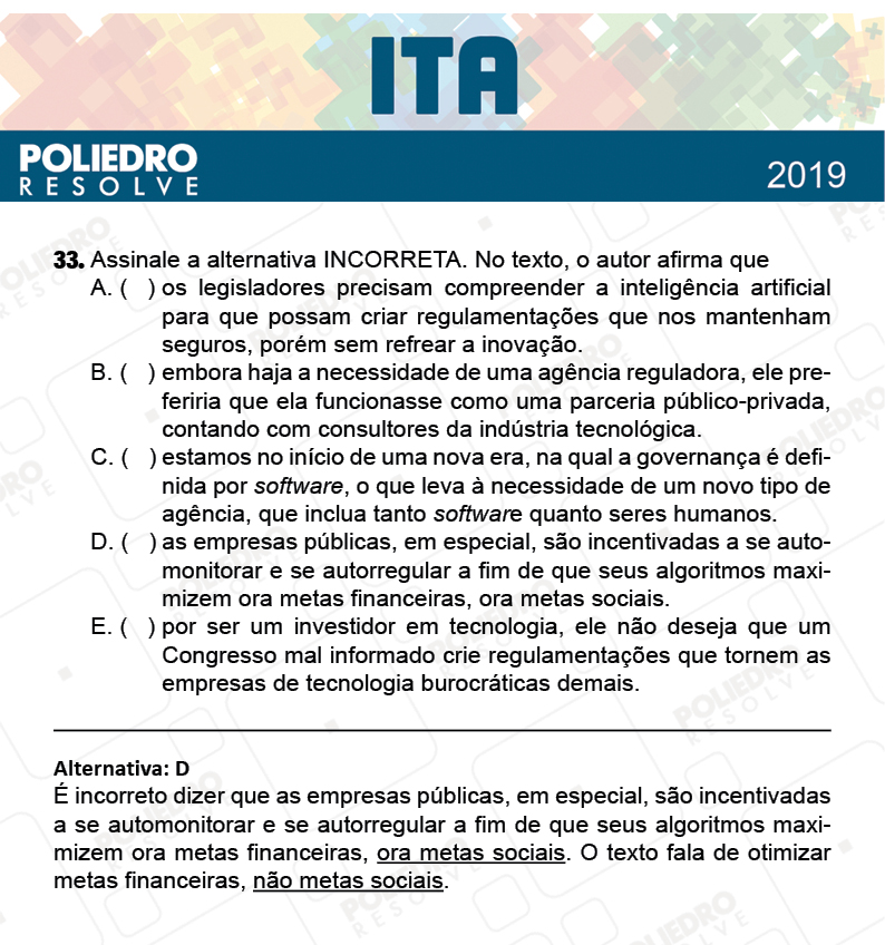 Questão 33 - 1ª Fase - FIS / POR / ING/ MAT / QUI - ITA 2019