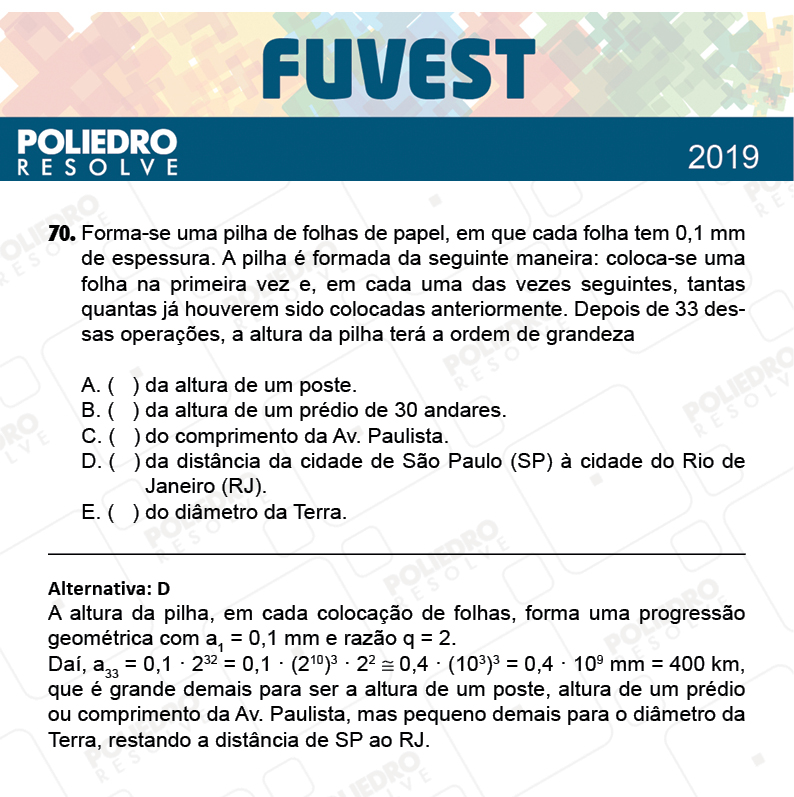 Questão 70 - 1ª Fase - Prova K - FUVEST 2019