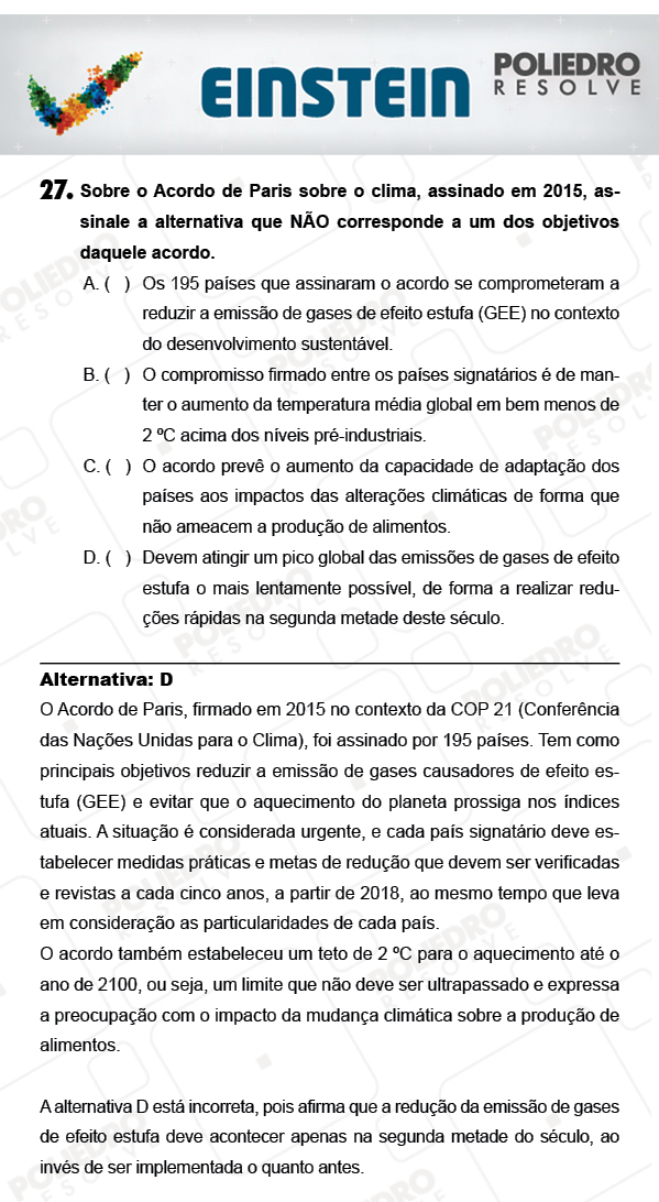 Questão 27 - 1ª FASE - EINSTEIN 2018