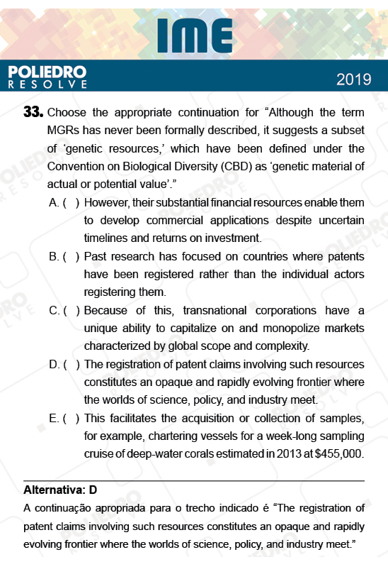 Questão 33 - 2ª Fase - Português/Inglês - IME 2019
