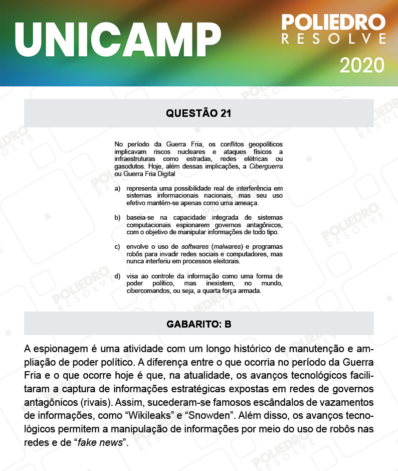 Questão 21 - 1ª Fase - Prova Q e X - UNICAMP 2020