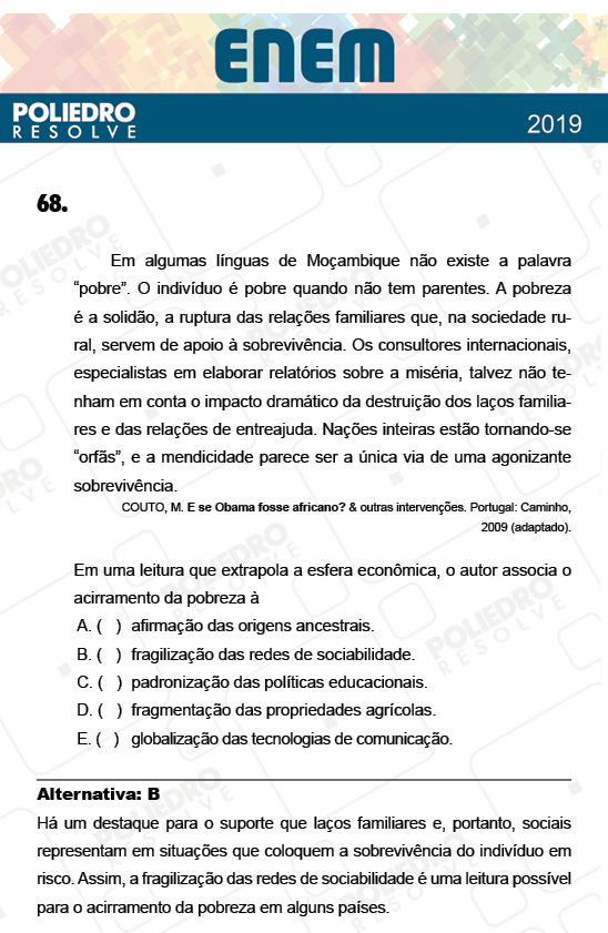 Questão 68 - 1º Dia - Prova BRANCA - ENEM 2018