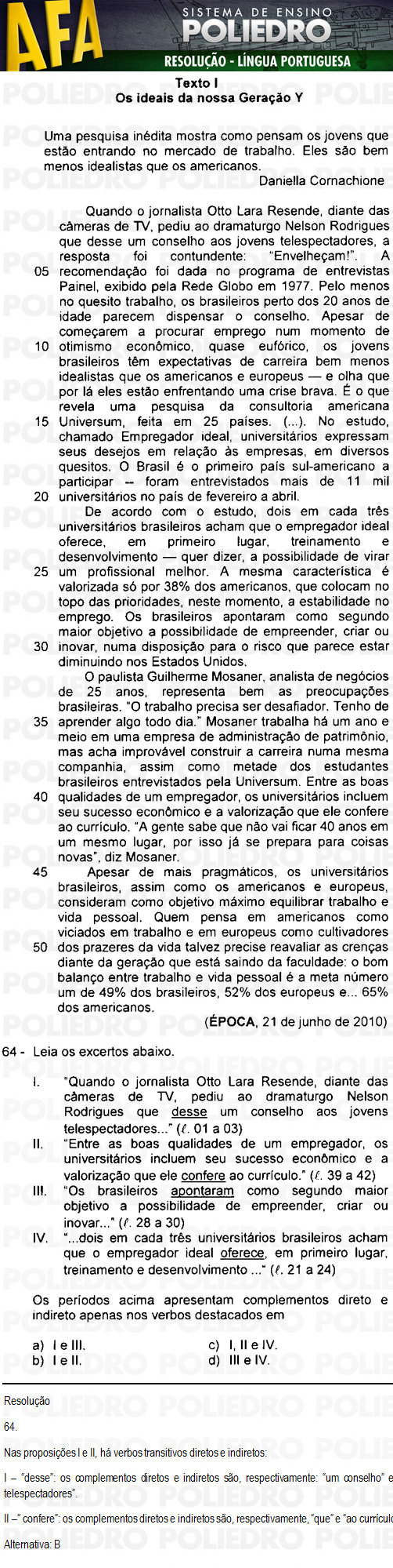 Questão 64 - Código 11 - AFA 2011