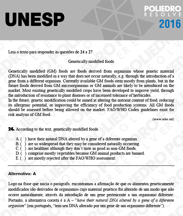 Questão 24 - 1ª Fase - UNESP 2016