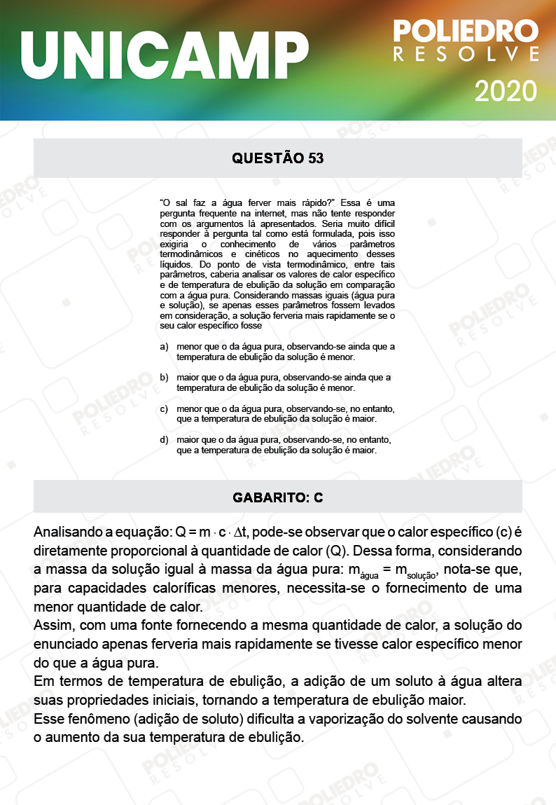 Questão 53 - 1ª Fase - Prova Q e X - UNICAMP 2020