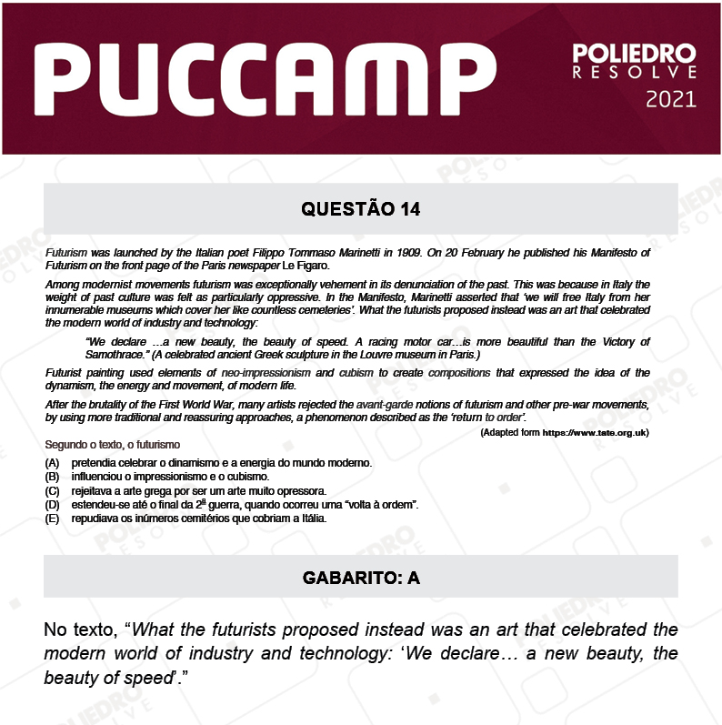 Questão 14 - Demais Cursos - PUC-Campinas 2021