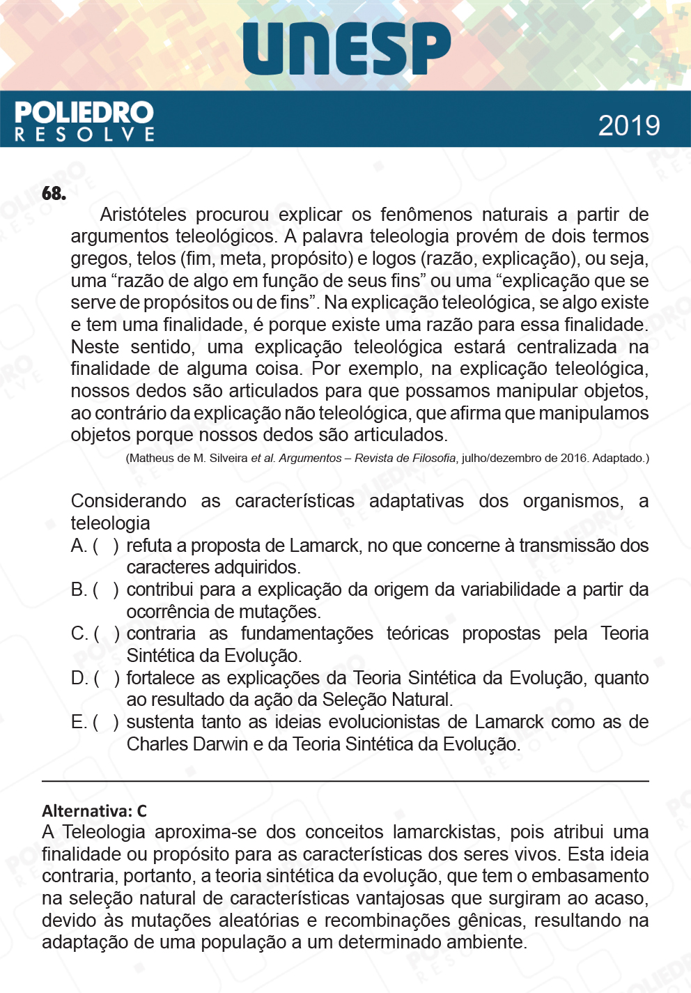 Questão 68 - 1ª Fase - UNESP 2019