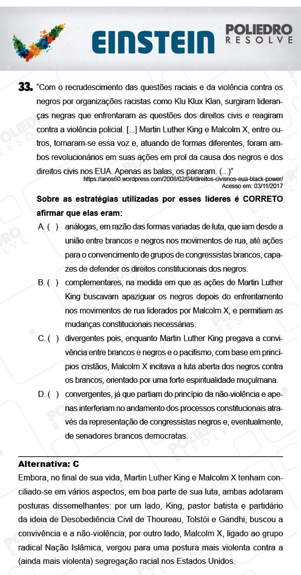 Questão 33 - 1ª FASE - EINSTEIN 2018