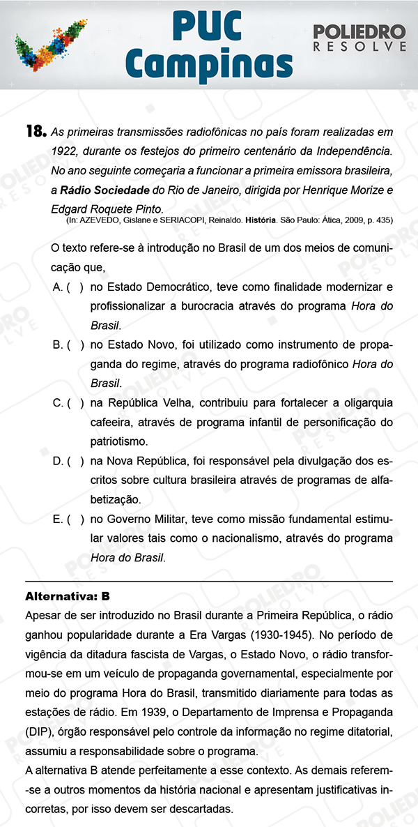 Questão 18 - 1ª Fase - Prova Verde - PUC-Campinas 2018