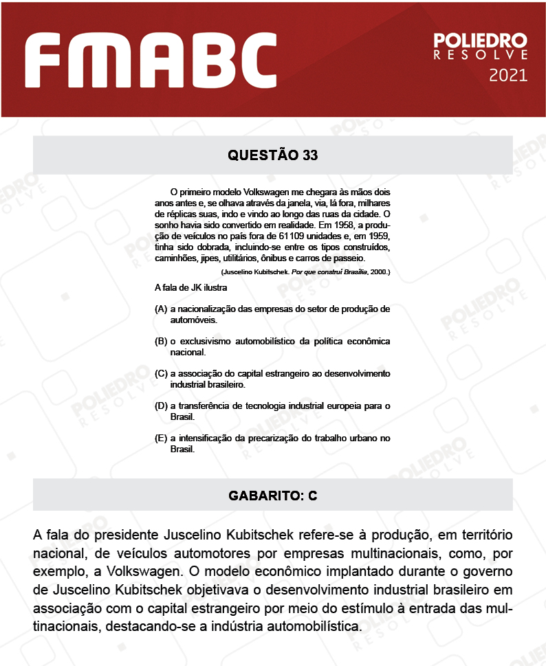 Questão 33 - Fase única - FMABC 2021