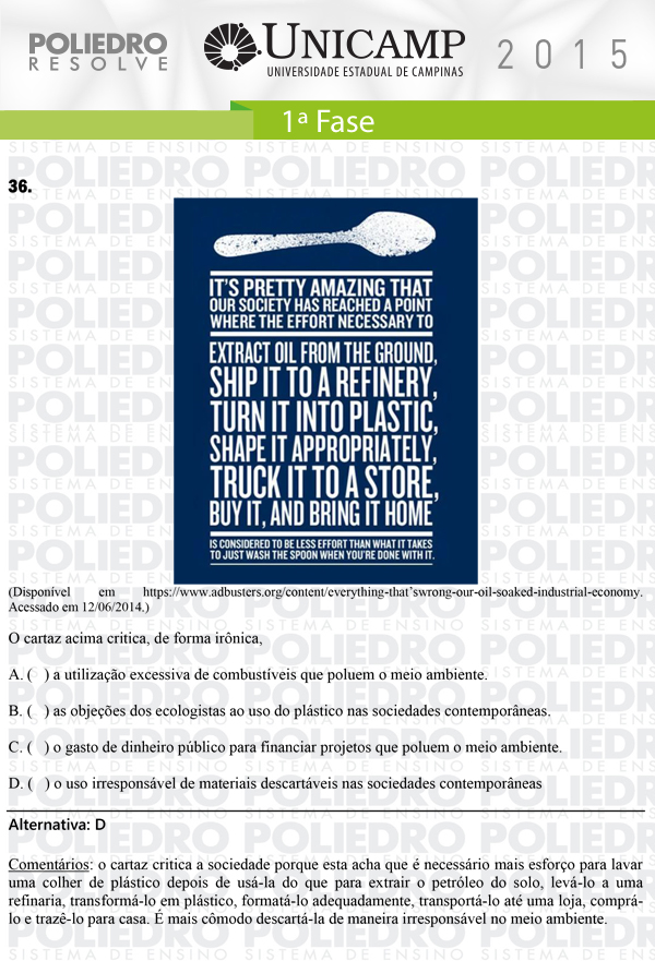 Questão 36 - 1ª Fase - UNICAMP 2015