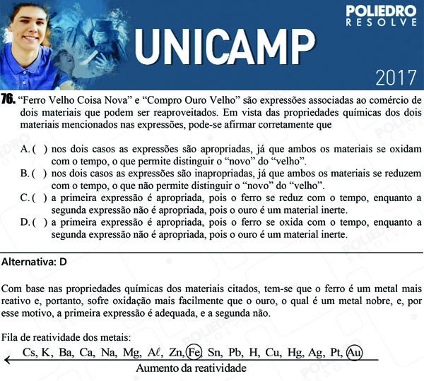 Questão 76 - 1ª Fase - UNICAMP 2017