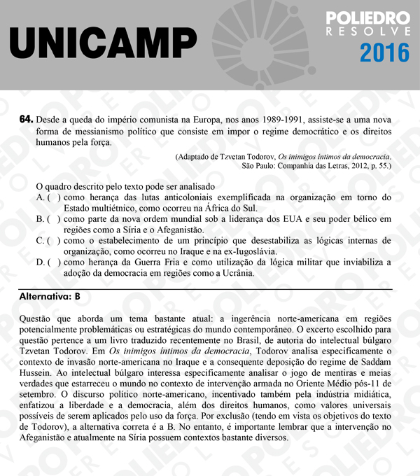 Questão 64 - 1ª Fase - UNICAMP 2016