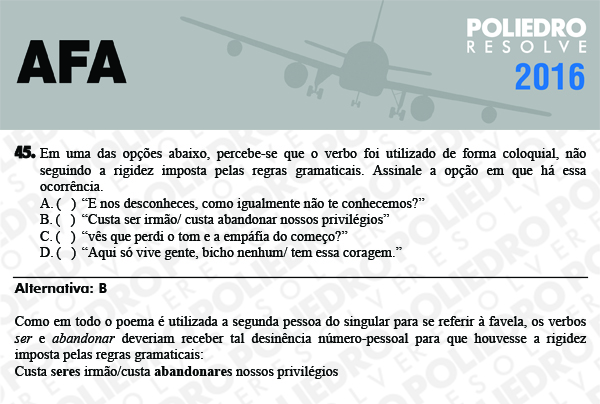 Questão 45 - Prova Modelo C - AFA 2016