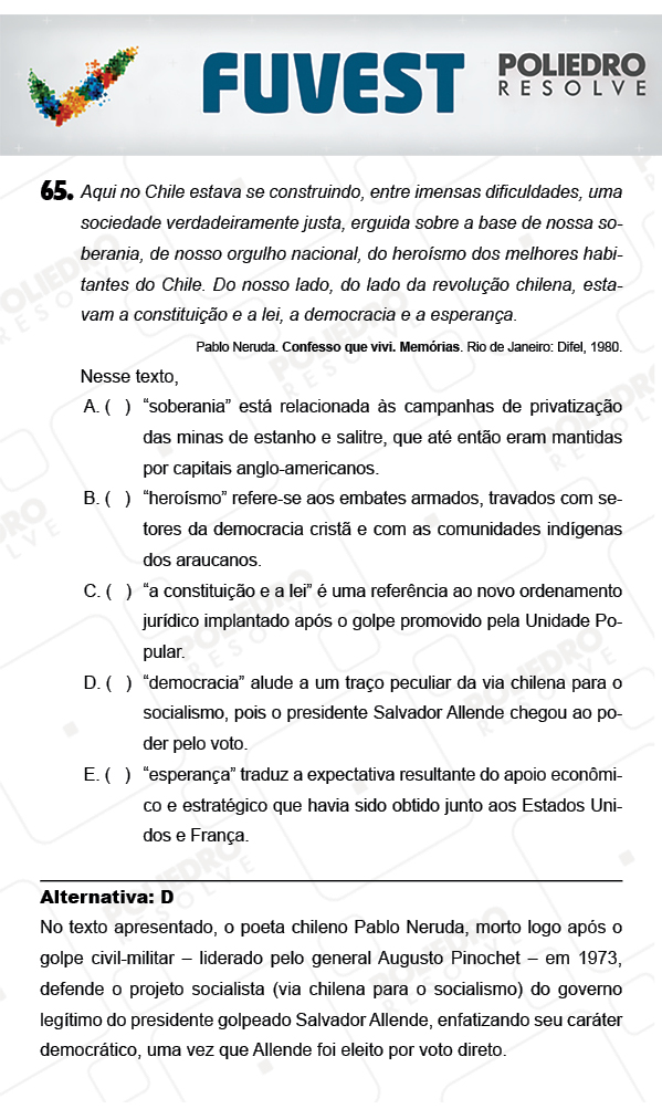 Questão 65 - 1ª Fase - PROVA V - FUVEST 2018