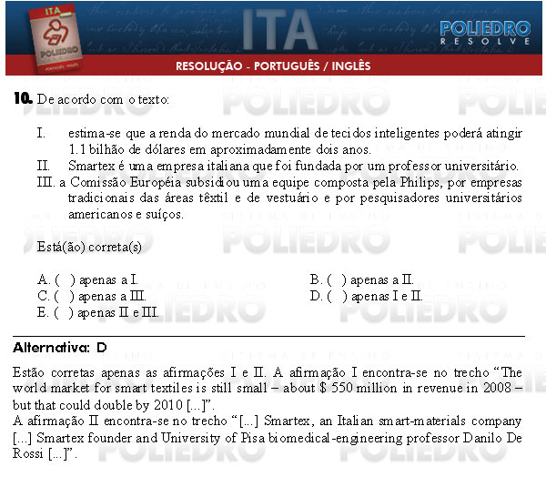 Questão 10 - Português e Inglês - ITA 2009