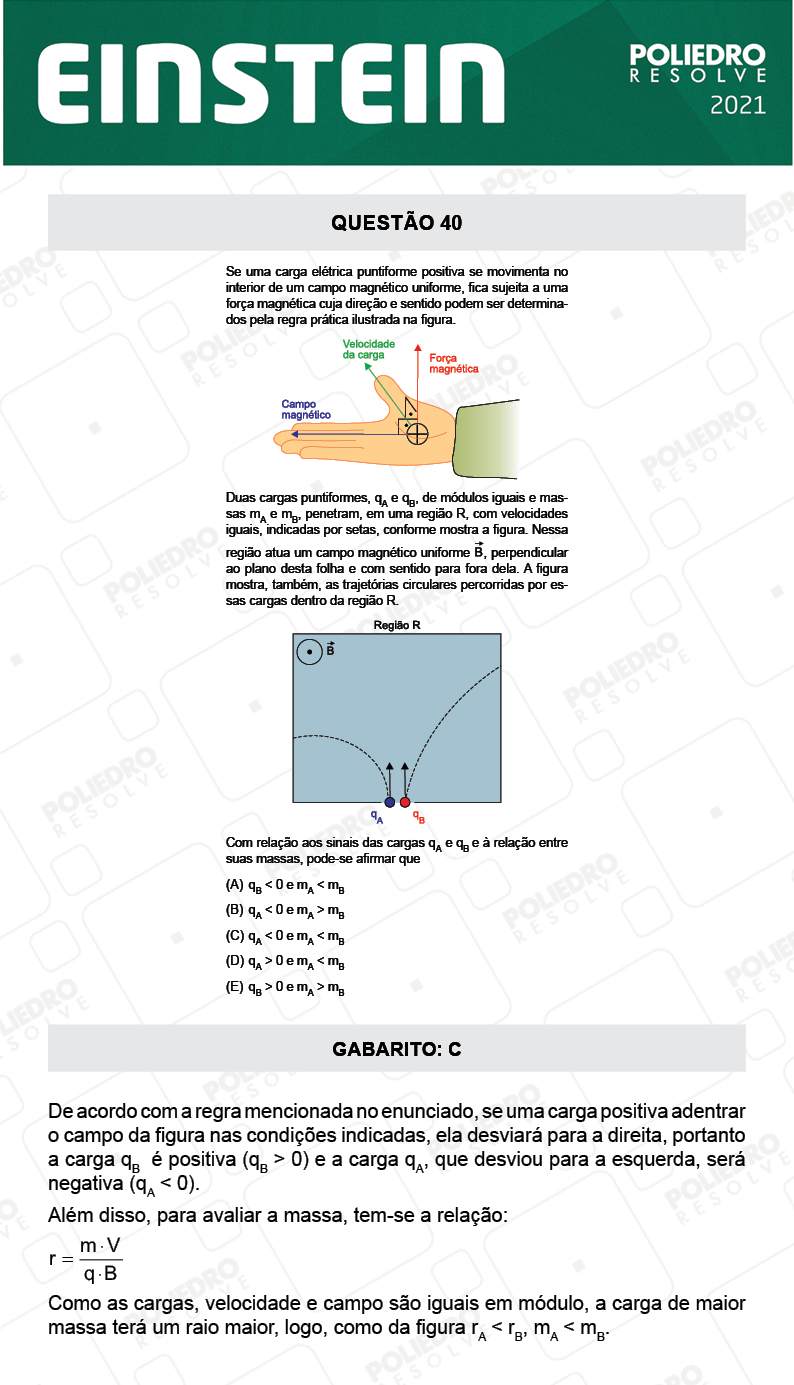 Questão 40 - Fase única - EINSTEIN 2021