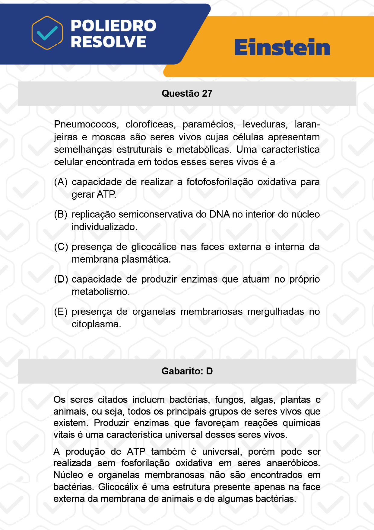 Questão 27 - Fase única - EINSTEIN 2023