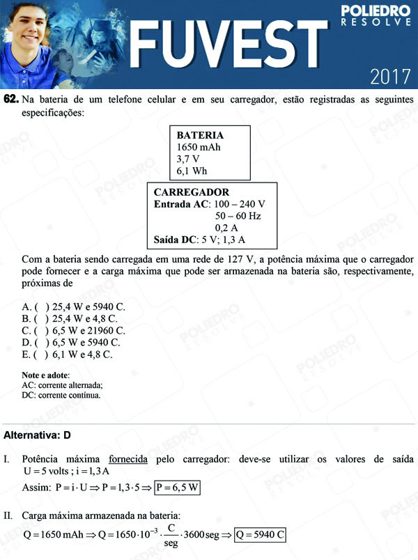 Questão 62 - 1ª Fase - FUVEST 2017