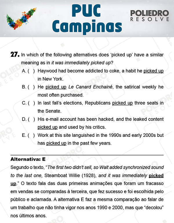 Questão 27 - 1ª Fase - Prova Verde - PUC-Campinas 2018