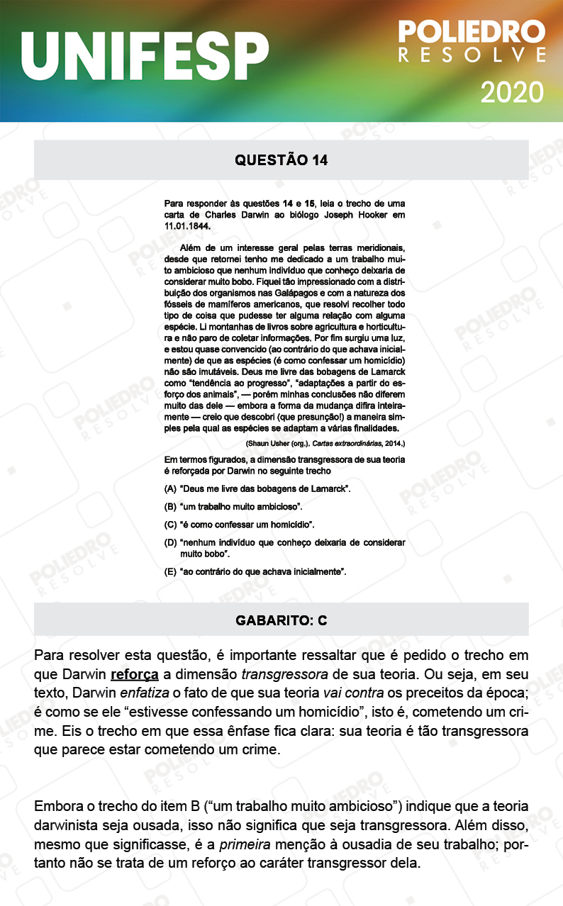 Questão 14 - Fase única - 1º Dia - UNIFESP 2020