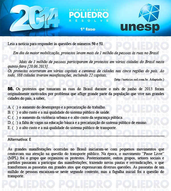 Questão 50 - 1ª Fase - UNESP 2014